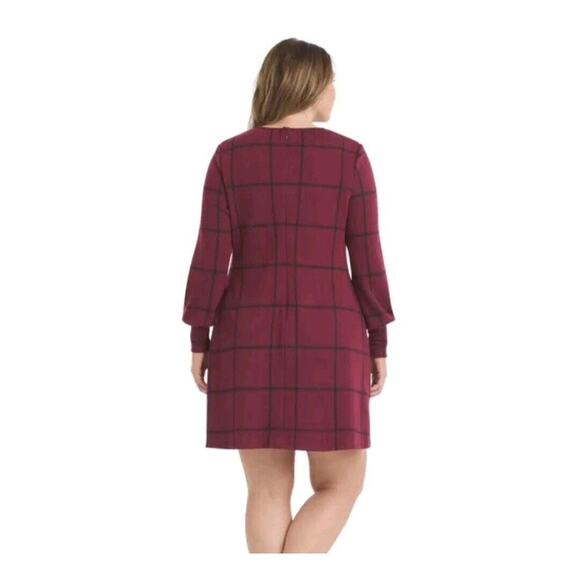 Anthropologie Hutch Shift Dress Size XL Red Black Windowpane Plaid Long Sleeve - Picture 2 of 11
